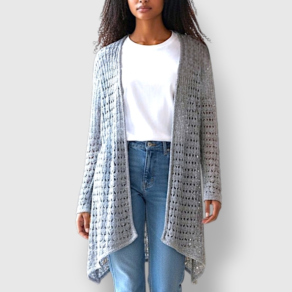 🍁 Est 1946 Silvery Gray Open Knit Cardigan Size 18/20 - Picture 2 of 11